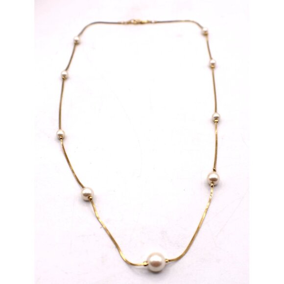Dainty Gold-Tone Faux Pearl Station Necklace Vintage Delicate 24" Snake Chain - Picture 3 of 10